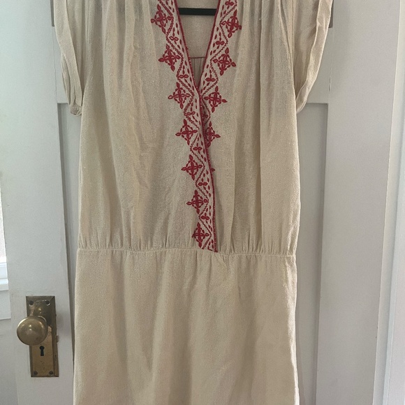 Ulla Johnson Raw Silk Shift Dress - embroidered creme boho v-neck Sz M Handmade - Picture 3 of 11